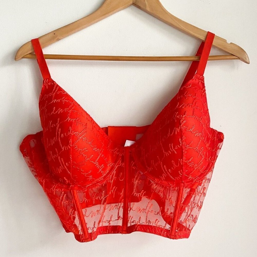 NWT Wolford Spellout Logo Obsessed Bustier Red  Lace 38C